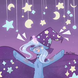 Size: 1080x1080 | Tagged: safe, artist:akiiichaos, trixie, pony, unicorn, g4, blushing, chest fluff, clothes, female, happy, hat, magic, solo, stars, trixie's hat