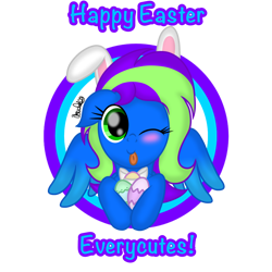 Size: 1060x1060 | Tagged: safe, artist:itsnovastarblaze, oc, oc only, oc:novastar blaze, pegasus, pony, bunny ears, cute, easter, easter egg, female, folded wings, holiday, mare, one eye closed, pegasus oc, ribbon, signature, simple background, solo, text, tongue out, transparent background, wings, wink, winking at you