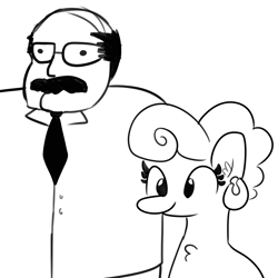 Size: 2250x2250 | Tagged: safe, artist:tjpones, oc, oc only, oc:grenaldo, oc:peanut wife, earth pony, human, pony, chest fluff, ear piercing, earring, female, glasses, high res, jewelry, male, mare, monochrome, oc x oc, piercing, shipping, simple background, straight, white background
