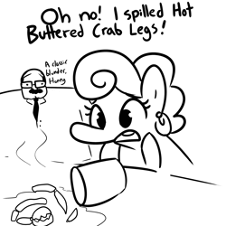 Size: 2250x2250 | Tagged: safe, artist:tjpones, oc, oc only, oc:grenaldo, oc:peanut wife, crab, earth pony, human, pony, butter, dialogue, ear piercing, earring, female, food, glasses, high res, jewelry, male, mare, monochrome, oc x oc, piercing, shipping, simple background, straight, white background