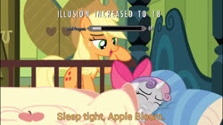 Size: 3413x1920 | Tagged: safe, edit, edited screencap, screencap, applejack, sweetie belle, earth pony, pony, unicorn, g4, somepony to watch over me, 69 (number), apple bloom's bow, applejack's hat, bed, bow, caption, cowboy hat, female, filly, hair bow, hat, illusion, image macro, implied apple bloom, mare, meme, pillow, skyrim, text, the elder scrolls