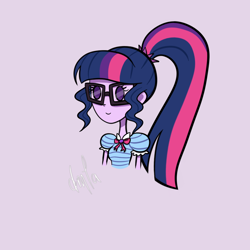 Size: 1000x1000 | Tagged: safe, artist:dancingmylifeaway, sci-twi, twilight sparkle, equestria girls, g4, cute, female, geode of telekinesis, glasses, happy, magical geodes, multicolored hair, no pupils, ponytail, purple eyes, scrunchie, simple background, small, smiling, solo