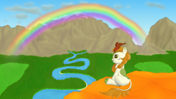 Size: 1920x1080 | Tagged: safe, artist:astralr, autumn blaze, kirin, g4, cloud, cloven hooves, colored hooves, female, forest, grass, mountain, rainbow, river, scenery, sitting, sky, solo