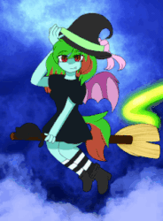 Size: 236x320 | Tagged: safe, anonymous artist, oc, oc only, oc:precised note, cat, anthro, plantigrade anthro, ambiguous facial structure, animated, blinking, boots, bow, broom, clothes, cloud, eyebrows, fangs, flying, flying broomstick, gif, hand on head, hat, shoes, solo, stockings, thigh highs, trail, two toned mane, two toned tail, wings, witch, witch hat