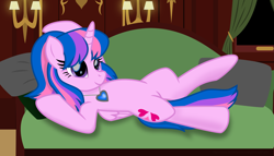 Size: 8239x4706 | Tagged: safe, alternate version, artist:ejlightning007arts, edit, oc, oc only, oc:hsu amity, alicorn, pony, alicorn oc, bedroom, couch, draw me like one of your french girls, heart of the ocean, horn, offscreen character, pose, solo, textless version, titanic, wings, zoomed in