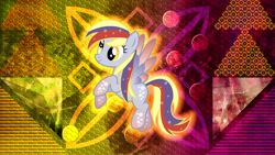 Size: 2560x1440 | Tagged: safe, artist:cloudy glow, artist:laszlvfx, edit, derpy hooves, pegasus, pony, g4, female, flying, mare, rainbow power, solo, wallpaper, wallpaper edit