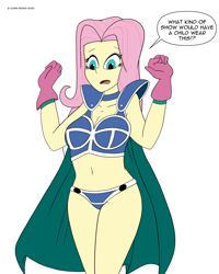 Size: 1280x1600 | Tagged: safe, alternate version, artist:cadenreigns, fluttershy, equestria girls, g4, andrea libman, belly button, breasts, busty fluttershy, chichi, clothes, cosplay, costume, dragon ball, female, solo, voice actor joke