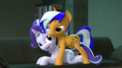 Size: 3840x2160 | Tagged: safe, artist:ludwigspectre, starlight glimmer, oc, oc:carlos, oc:lightning burn, g4, 3d, bedroom eyes, canon x oc, commission, couple, cuddling, female, high res, looking back, looking over shoulder, love, male, shipping, source filmmaker, starlightning, starlos, straight, your character here