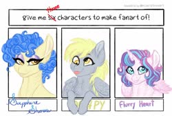 Size: 1024x688 | Tagged: safe, artist:azure-art-wave, derpy hooves, princess flurry heart, sapphire shores, alicorn, earth pony, pegasus, pony, g4, :p, bedroom eyes, bust, chest fluff, eyelashes, eyeliner, female, makeup, mare, six fanarts, smiling, tongue out