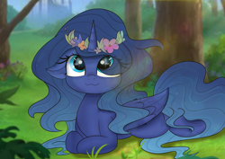 Size: 5787x4092 | Tagged: safe, artist:janelearts, princess luna, alicorn, pony, g4, :3, cute, eye clipping through hair, female, floppy ears, floral head wreath, flower, flower in hair, folded wings, forest, lunabetes, outdoors, prone, smiling, solo, three quarter view, tree, wings
