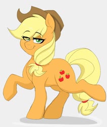 Size: 934x1103 | Tagged: safe, artist:littlebibbo, applejack, earth pony, pony, g4, cowboy hat, eye clipping through hair, female, freckles, hat, lidded eyes, looking at you, mare, raised hoof, raised leg, simple background, smiling, solo