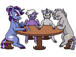 Size: 2048x1536 | Tagged: safe, artist:edgeyboiss, artist:kindheart525, silver script, star bright, oc, oc:dusk star, oc:gilded prose, pegasus, pony, unicorn, kindverse, g4, father and child, father and son, gay, glasses, magical gay spawn, male, offspring, parent:silver script, parent:star bright, parent:twilight sparkle, parents:starscript, parents:twiscript, shipping, simple background, starscript, table, transparent background