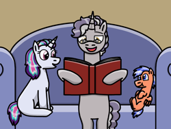 Size: 2048x1536 | Tagged: safe, artist:kindheart525, oc, oc:gilded prose, oc:moonbow, oc:orange soda, pegasus, pony, unicorn, kindverse, baby, baby pony, book, glasses, magical gay spawn, offspring, parent:oc:dusk star, parent:oc:firework, parent:silver script, parent:star bright, parents:oc x oc, parents:starscript, uncle and nephew, uncle and niece