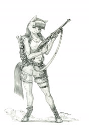 Size: 1000x1422 | Tagged: safe, artist:baron engel, maud pie, earth pony, anthro, unguligrade anthro, g4, female, gun, monochrome, pencil drawing, remington 870, shotgun, solo, story included, traditional art, weapon