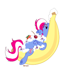Size: 3000x3000 | Tagged: safe, artist:notary, artist:v1rimi, oc, oc only, oc:loco steamy, oc:steam loco, pony, banana, food, fruit, high res, prone, simple background, solo, transparent background, whipped cream, ych result