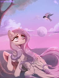 Size: 1100x1450 | Tagged: safe, artist:hakkerman, fluttershy, bird, pegasus, pony, tit (bird), g4, female, full moon, grass, looking at something, looking up, mare, moon, outdoors, raised hoof, sitting, solo, spread wings, three quarter view, tree, turned head, wings, wings down