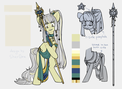 Size: 3635x2645 | Tagged: safe, artist:shercore, oc, oc only, oc:tauri, earth pony, pony, bipedal, choker, clothes, ear fluff, ear piercing, earring, female, high res, jewelry, mare, necklace, piercing, priestess, reference sheet, regalia, robe, solo, staff