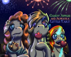 Size: 1024x820 | Tagged: safe, artist:korencz11, applejack, golden feather, pear butter, princess celestia, sunset shimmer, earth pony, pegasus, pony, unicorn, fanfic:candy apples are always a little tart, g4, spoiler:comic, spoiler:comic65, apple, apple family member, baby, baby pony, babyjack, bench, candy apple, fanfic, fanfic art, fanfic cover, fireworks, foal, food, levitation, magic, pacifier, swaddled baby, telekinesis, text, title, younger