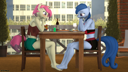 Size: 3840x2160 | Tagged: safe, artist:cdv, oc, oc only, oc:raylanda, oc:spicy flavor, anthro, 3d, balcony, barefoot, blushing, cute, date, feet, female, food, foot fetish, footsie, glass, high res, lesbian, lidded eyes, looking at each other, pizza, source filmmaker, table, wine bottle, wine glass