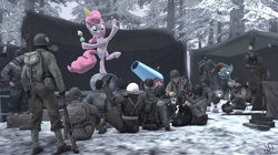 Size: 1910x1066 | Tagged: safe, artist:star-dust101, pinkie pie, rainbow dash, earth pony, human, pegasus, pony, g4, 3d, ardennes, crossover, fanfic art, gmod, party cannon, snow, soldiers, source filmmaker, winter, world war ii