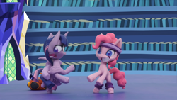 Size: 1920x1080 | Tagged: safe, screencap, pinkie pie, twilight sparkle, alicorn, earth pony, pony, g4.5, my little pony: stop motion short, pinkie pie wants to play, dancing, duo, female, funny, great moments in animation, headband, leg band, library, mare, smiling, spinning, standing, stop motion, sweatband, twilight sparkle (alicorn), twilight's castle, twilight's castle library, workout