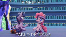 Size: 1920x1080 | Tagged: safe, edit, edited screencap, editor:moon flower, screencap, pinkie pie, twilight sparkle, alicorn, earth pony, pony, g4.5, my little pony: stop motion short, pinkie pie wants to play, caption, dancing, duo, female, funny, great moments in animation, headband, leg band, library, meme, pablo picasso, smiling, spinning, standing, stop motion, sweatband, twilight sparkle (alicorn), twilight's castle, twilight's castle library, workout