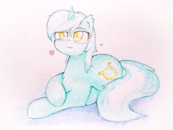 Size: 4032x3024 | Tagged: safe, artist:papersurgery, lyra heartstrings, pony, unicorn, g4, ear fluff, female, heart, looking at you, sitting, solo, traditional art, watercolor painting