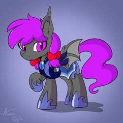 Size: 2000x2000 | Tagged: safe, artist:aurorafang, oc, oc only, oc:nocturnal grapes, bat pony, pony, armor, bat pony oc, bat wings, bow, fangs, female, guard, high res, lunar guard armour, mare, night guard, solo, wings