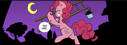 Size: 1768x629 | Tagged: safe, artist:nekoshiei, color edit, edit, editor:anonycat, seven seas, pinkie pie, earth pony, pony, g4, my little pony: the manga, my little pony: the manga volume 2, colored, crescent moon, cropped, eyes closed, female, giggling, ladder, mare, moon, night, paint, paint bucket, paintbrush, solo