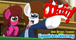 Size: 3000x1600 | Tagged: safe, artist:aarondrawsarts, oc, oc:brain teaser, oc:rose bloom, earth pony, pony, ace attorney, ask brain teaser, brainbloom, clothes, glasses, lawyer, objection, pointing, shout, suit, tumblr