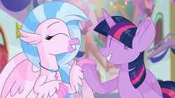 Size: 1875x1054 | Tagged: safe, artist:rainbow eevee, silverstream, twilight sparkle, alicorn, classical hippogriff, hippogriff, pony, g4, school daze, cute, diastreamies, duo, eyelashes, eyes closed, female, folded wings, interspecies, scene interpretation, smiling, twilight sparkle (alicorn), wings