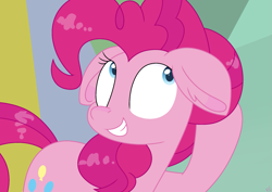 Size: 1757x1243 | Tagged: safe, artist:rainbow eevee, pinkie pie, earth pony, pony, g4, the washouts (episode), cute, diapinkes, ear fluff, female, floppy ears, looking up, scene interpretation, smiling, solo