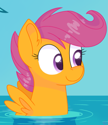 Size: 1021x1178 | Tagged: safe, artist:rainbow eevee, scootaloo, pegasus, pony, g4, surf and/or turf, cute, cutealoo, female, filly, grin, looking at something, offscreen character, smiling, solo, spread wings, water, wings