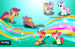 Size: 1024x640 | Tagged: safe, apple bloom, scootaloo, sweetie belle, earth pony, mouse, pegasus, pony, unicorn, g4, adorabloom, broom, cute, cutealoo, cutie mark crusaders, diasweetes, duality, eyes closed, mousified, running, species swap, transformice