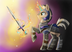 Size: 1784x1306 | Tagged: safe, artist:rainbowfoxxy, oc, oc:rapid fire, pony, unicorn, armor, fire, magic, male, stallion, sword, weapon
