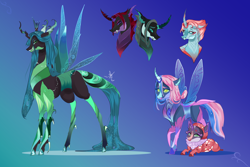 Size: 3000x2000 | Tagged: safe, artist:bunnari, ocellus, pharynx, queen chrysalis, thorax, oc, oc:amanita, oc:naiad, changeling, g4, alternate design, alternate universe, high res, magical lesbian spawn, offspring, parent:lily, parent:lily valley, parent:lotus blossom, parent:queen chrysalis