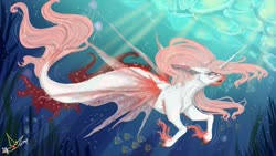 Size: 1280x721 | Tagged: safe, artist:martazap3, oc, oc only, fish, jellyfish, pony, seapony (g4), unicorn, bubble, female, horn, ocean, solo, underwater, unshorn fetlocks, water