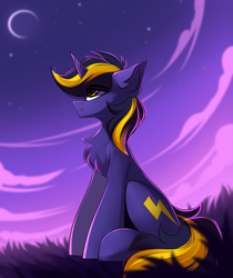 Size: 3403x4055 | Tagged: safe, artist:airiniblock, oc, oc only, oc:vajr, pony, unicorn, rcf community, chest fluff, crescent moon, cutie mark, ear fluff, high res, horn, looking up, male, moon, night, night sky, outdoors, sitting, sky, solo, stallion, twilight (astronomy), unicorn oc