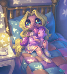 Size: 2700x2968 | Tagged: safe, artist:holivi, oc, oc only, pegasus, anthro, unguligrade anthro, g4, bed, clothes, cottagecore, cute, dress, female, filly, high res, holivi is trying to murder us, plushie, puffy sleeves, signature, solo, starry eyes, sweet dreams fuel, weapons-grade cute, wingding eyes