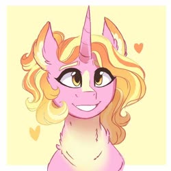 Size: 564x564 | Tagged: safe, artist:scarletskitty12, luster dawn, pony, unicorn, g4, the last problem, blaze (coat marking), bust, chest fluff, coat markings, cute, ear fluff, facial markings, female, heart, lusterbetes, mare, pale belly, portrait, smiling, solo