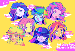 Size: 2011x1386 | Tagged: safe, artist:0828m, applejack, fluttershy, pinkie pie, rainbow dash, rarity, sunset shimmer, twilight sparkle, equestria girls, g4, anime style, bust, cute, female, humane five, humane seven, humane six, looking at you, open mouth, portrait