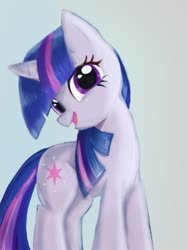 Size: 768x1024 | Tagged: safe, artist:tomizawa96, twilight sparkle, pony, unicorn, g4, cute, female, gray background, looking at you, mare, open mouth, simple background, solo, twiabetes, unicorn twilight