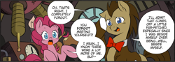 Size: 1768x630 | Tagged: safe, artist:nekoshiei, color edit, edit, editor:anonycat, seven seas, doctor whooves, pinkie pie, time turner, earth pony, pony, g4, my little pony: the manga, my little pony: the manga volume 2, bowtie, colored, cropped, duo, female, male, mare, stallion