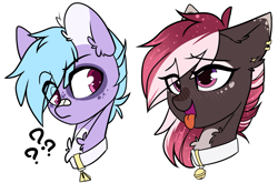 Size: 1621x1070 | Tagged: safe, artist:cloud-fly, oc, oc only, oc:jiko, oc:rossalite, pony, bell, bell collar, blushing, bust, collar, female, male, mare, portrait, simple background, stallion, transparent background