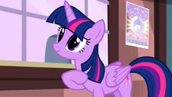 Size: 1280x720 | Tagged: safe, screencap, twilight sparkle, alicorn, pony, g4, three's a crowd, cute, female, folded wings, poster, raised hoof, solo, twiabetes, twilight sparkle (alicorn), wings