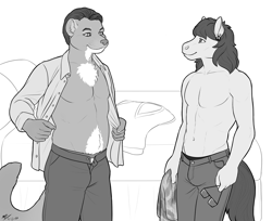 Size: 2819x2300 | Tagged: safe, artist:moodyferret, oc, oc:jonathan fretcher, oc:wayward pony, earth pony, mink, anthro, bed, clothes, fit, fluffy, furry, gay, glasses, grayscale, high res, male, monochrome, nudity, pants, partial nudity, peace sign, sexy, shirt, slender, smiling, thin, topless