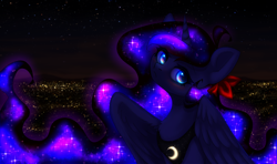 Size: 2900x1712 | Tagged: safe, artist:avrameow, princess luna, alicorn, pony, g4, bow, bust, chest fluff, city, cute, ethereal mane, female, hair bow, lunabetes, mare, night, sky, solo, starry mane, starry night, stars