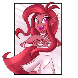 Size: 1280x1280 | Tagged: dead source, safe, artist:wubcakeva, oc, oc only, oc:mezma, equestria girls, g4, clothes, disguise, disguised siren, dress, female, happy, heart hands, open mouth, siren oc, solo