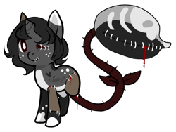 Size: 696x522 | Tagged: safe, artist:skulifuck, oc, oc only, monster pony, original species, piranha plant pony, plant pony, amputee, augmented tail, blood, bone, frankenpony, freckles, horn, missing limb, plant, simple background, stitched body, stitches, stump, transparent background