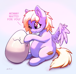 Size: 2706x2642 | Tagged: safe, artist:xbi, oc, oc only, pegasus, pony, behaving like a bird, cute, dialogue, ear fluff, egg, female, gradient background, hatching, high res, mare, partially open wings, pregnant, wings